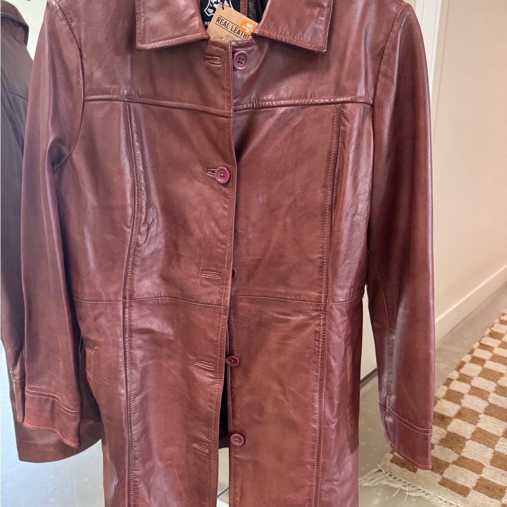 Women's Burgundy Genuine Leather Button-Front Jacket
